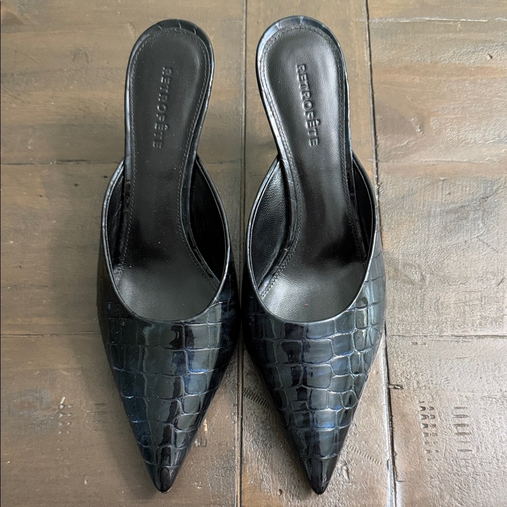 Retrofete Black Croc-Embossed Pointed Mule Heels, Italian